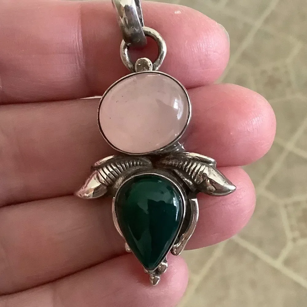 STERLING SILVER 925 PINK QUARTZ/GREEN ONYX LARGE PENDANT​